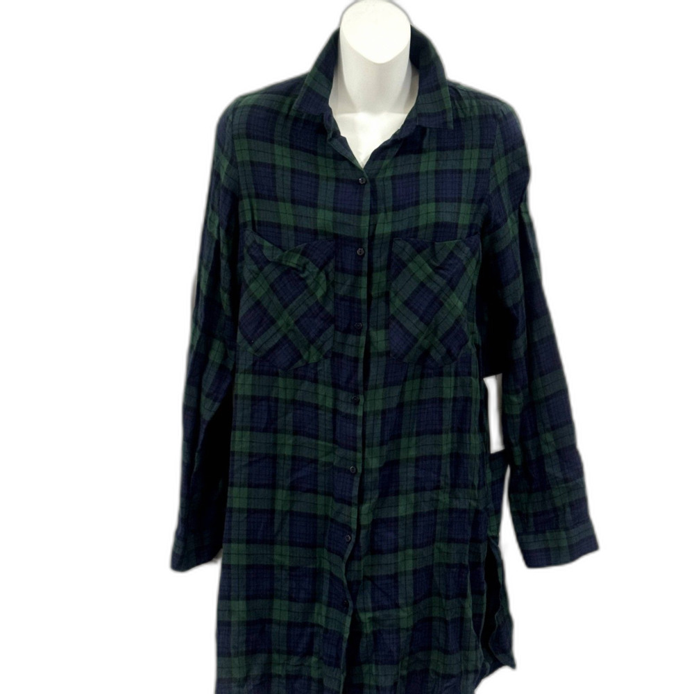 Zara Blouse Flannel Button Down Size Small Green Lue Plaid Checkered Long Sleeve